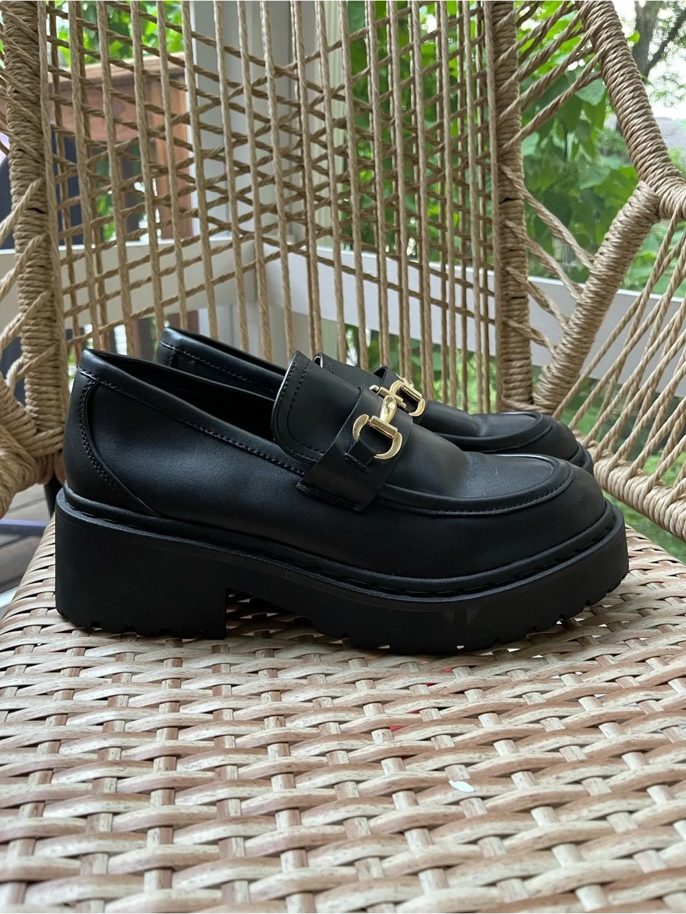 Steve Madden Black Leather Chunky Bit Loafers with Gold Hardware